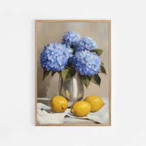 Hydrangea and Lemons Still Life Print – Classic Floral Kitchen Oil Art, Vintage Dining Room Decor, Blue & Yellow Digital Download | #1012