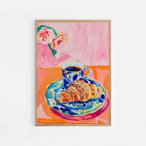 Coffee and Croissant Print | Contemporary Painting | Food and Drink Poster Print | Modern Vibrant Colour Kitchen Decor | Matisse Cafe Art