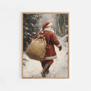 Santa Claus in Winter Forest Print Vintage Style Painting, Cozy Christmas Wall Art, Cottage Holiday Decor, Vintage Xmas Holiday Print | 782