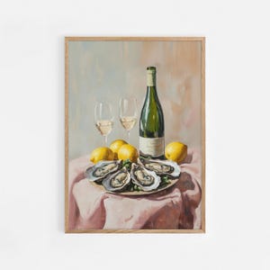 Afternoon Oysters, Wine & Sea Food Illustration Print, Glass of Wine and Oysters, Kitchen decor, Food Art Print, Dinner Party Poster | #943