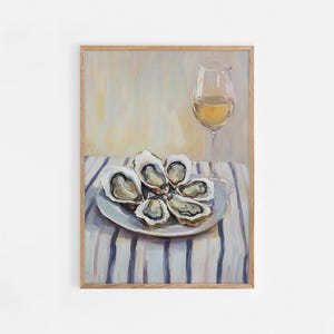 Oysters and White Wine Still Life, Coastal Kitchen Wall, Elegant Food-Themed Art, Afternoon Oysters,  Kitchen Decor, Food Art Print | #865