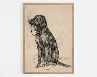 Black Labrador Art Print, Vintage Dog Painting, Antique Animal Portrait, Dog Sketch, Farmhouse Painting, Printable Art, Vintage Dog Print