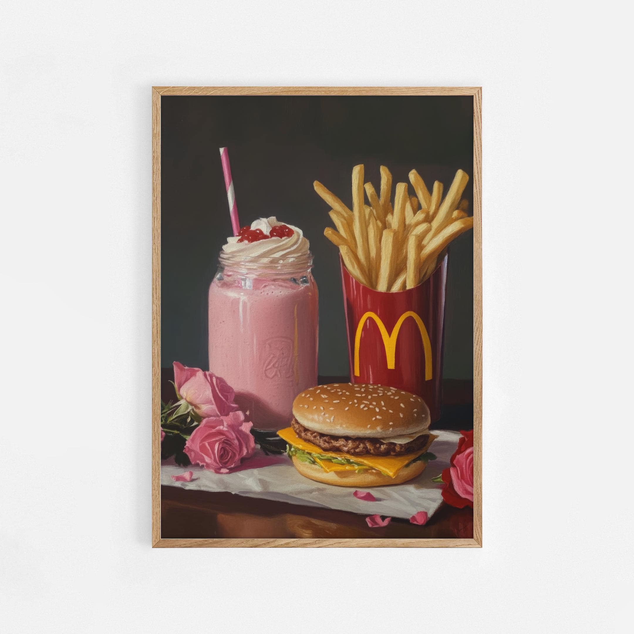 Burger and Fries, Fast Food Still Life Oil Painting, Fine Art Print, Milkshake Burger Food Poster, Kitchen Trendy Poster, Printable Art #951