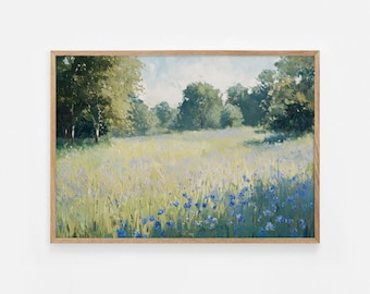 Printable Wildflower Field Landscape Vintage Painting, Pink Spring Print Farmhouse Print Neutral Wall Art Spring Art Digital Download | #938