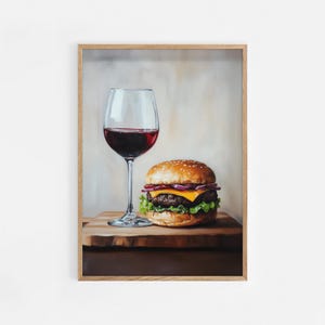 Czerwone wino i cheeseburger wydruk, uroczy, dziwaczny, kapryśny, dekoracja wózka barowego w formie sztuki koktajlowej, elegancki prezent w postaci obrazu olejnego, modna ściana kuchenna | #808