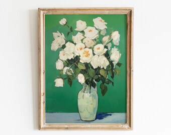 May include: A framed painting of a white rose bouquet in a green vase against a green background.