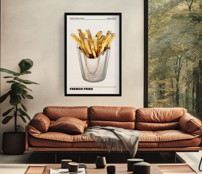May include: A black and white poster with a gold metallic design of french fries in a silver cup. The poster has the text "Metallic Reality Series" and "Gallery Edition" at the top and "French Fries" at the bottom.