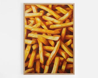 Batatas fritas chiques, pintura a óleo de natureza morta de fast food, impressão de comida, arte de cozinha de café, pôster moderno de impressão fina digital, arte para impressão | #959