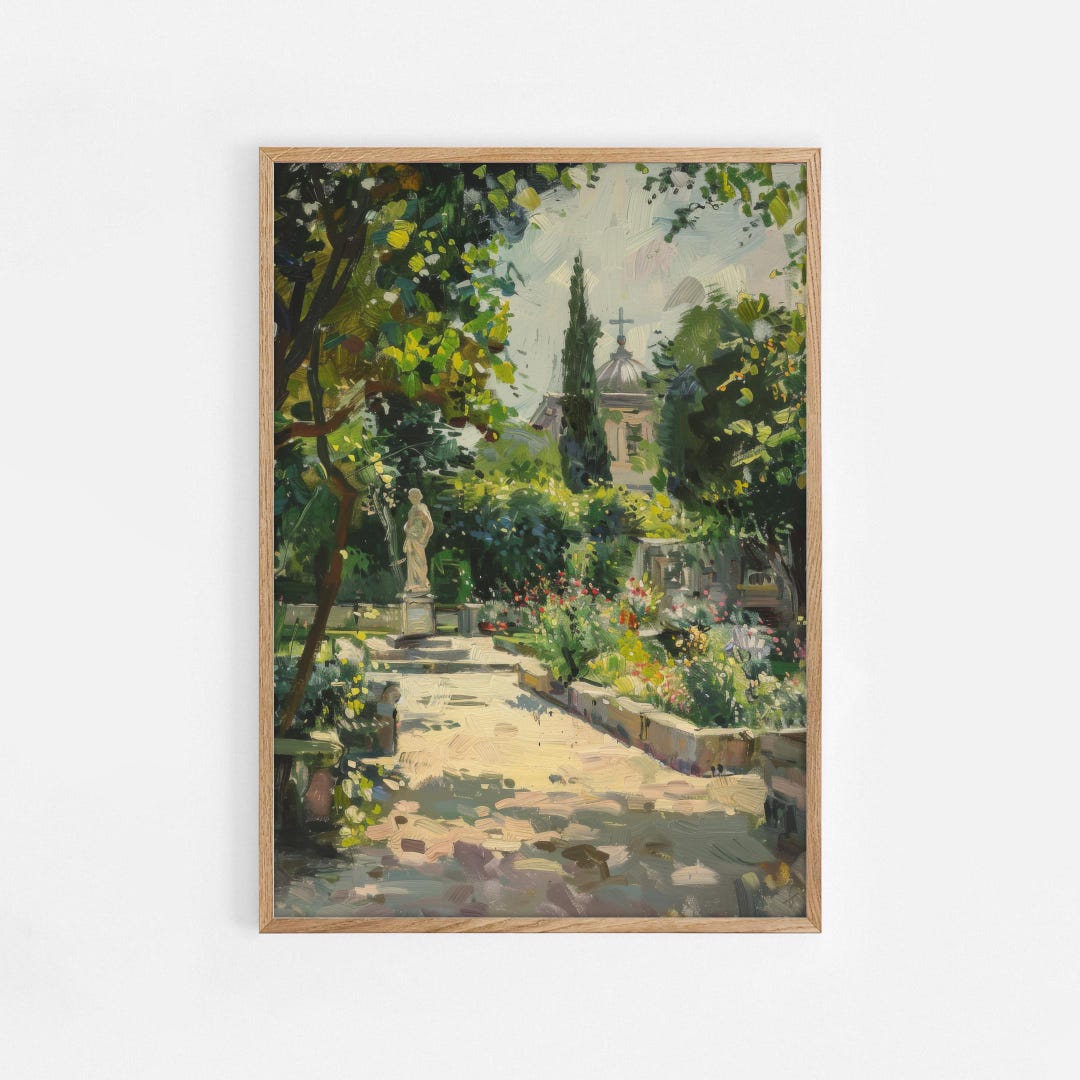 Mediterranean Garden Wall Art – Sunny Courtyard Painting With Statue ...