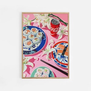 Sushi Poster, Food Print, Modern Kitchen Decor, Illustration, Japanese, Ramen, Dumplings, Kimchi, Exhibition Poster, Cola Retro Wall Art