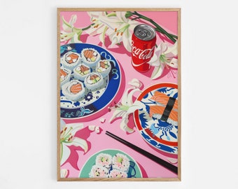 Sushi Poster, Food Print, Modern Kitchen Decor, Illustration, Japanese, Ramen, Dumplings, Kimchi, Exhibition Poster, Cola Retro Wall Art