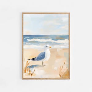 Stampa artistica di gabbiani sulla spiaggia, decorazione murale con uccelli marini, poster stampabile estivo con onde e sabbia, arte costiera / #1026