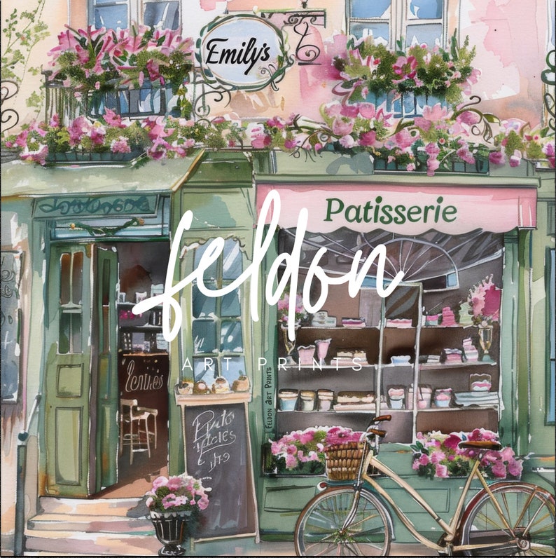May include: A watercolour painting of a Parisian bakery called "Emily's Patisserie." The shop front is painted green with a pink awning that reads "Patisserie." There are pink flowers in pots outside the bakery and a bicycle parked in front.
