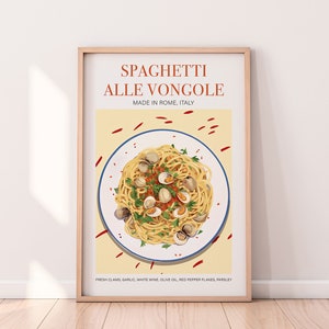 Spaghetti alle Vongole, Spaghetti Art Print Trendy Retro Wall Art, Traditional Italian Food Wall Art Print Poster, Foodie Gift Cafe Wall Art
