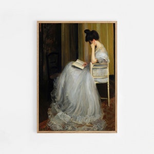 Woman Reading Portrait, Vintage Art Painting, Antique Oil Painting, Bedroom Wall Decor, Woman Reading Print, Moody Artwork, Printable Art