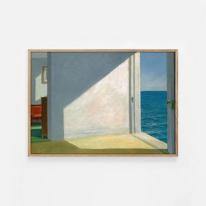 May include: A painting depicting a room with an open door revealing a view of the sea. The room is painted in shades of white and blue, with a single window in the back wall. The sea is a deep blue, and the sky is a light blue. The painting is framed in a wooden frame.