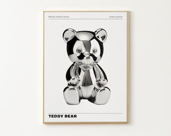 Metallic Teddy Bear Wall Decor, Vibrant Chrome Holographic Poster, Funky Home Decoration, Playful Illustration Print, Aesthetic Exhibition