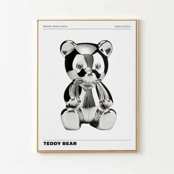 Metallic Teddy Bear Wall Decor, Vibrant Chrome Holographic Poster, Funky Home Decoration, Playful Illustration Print, Aesthetic Exhibition