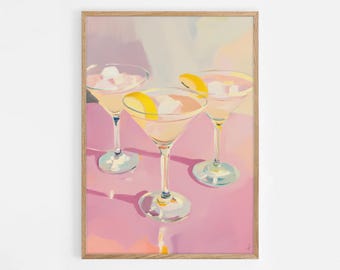 Summer Cocktail Print, Pink Preppy Bar Cart Art, Retro Bar Cart Decor, Drink Painting, Printable Art, Trendy Wall Art, Digital Prints | #974