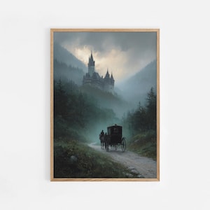 Gothic Castle Carriage Art Print, Dark Romantic Landscape with Horse-Drawn Carriage, Misty Forest Wall Art, Fantasy Fairytale Poster | #1065
