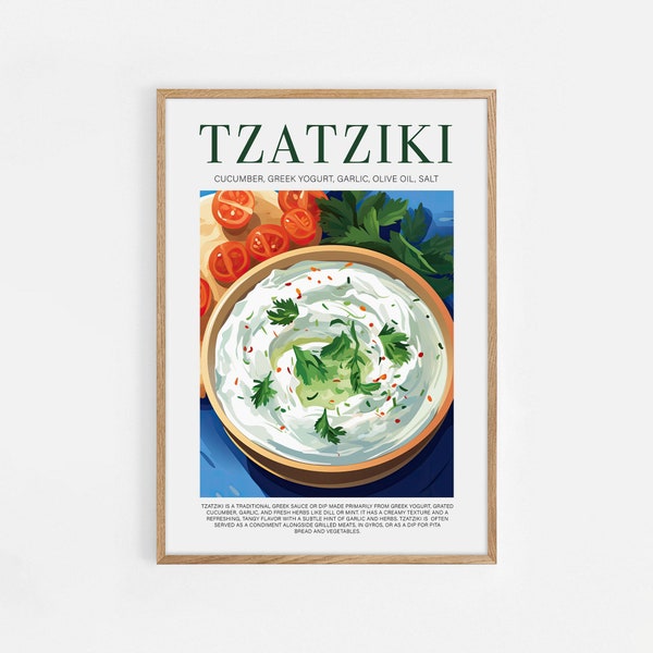 Greek Tzatziki Recipe Print, Kitchen Art Poster, Taste of Greece, Kitchen Decor Poster, Traditional Food Print, Mediterranean Culinary Art