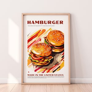 Burger Poster, Food Print, American Food, Retro Poster,Housewarming Gift, Kitchen Decor, Mid Century Poster, Minimalist Print, Kitchen print
