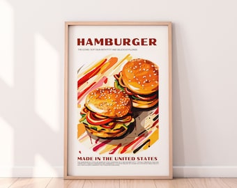 Hamburgerposter, voedselafdruk, Amerikaans eten, retro poster, housewarmingcadeau, keukendecor, poster uit het midden van de eeuw, minimalistische print, keukenafdruk