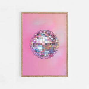 Printable Wall Art, Silver Disco Ball Maximalist Painting, Bright Pink Girly Poster, Trendy Dopamine Decor, Mirror Ball Preppy Print | #825