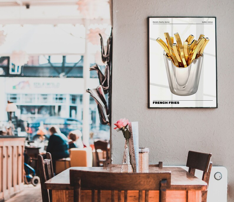 May include: A black and white poster with a gold metallic illustration of french fries in a silver cup. The poster has the text "Metallic Reality Series" and "Gallery Edition" at the top and "French Fries" at the bottom.