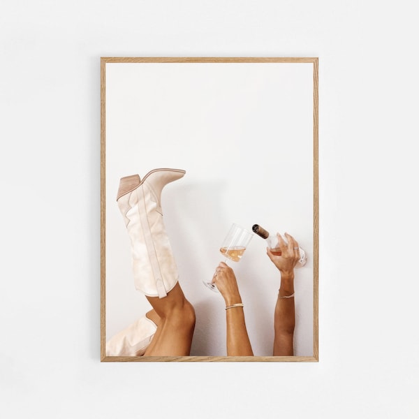 Cowgirl Boots + Rosé Digital Art Print, Country Western Aesthetic, Modern Neutral Fashion Photography, Girly Cowgirl Boots, Home Decor