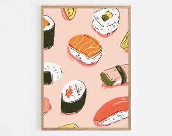 Kawaii Sushi Art Print, Japanese Food Illustration (Digital Download)