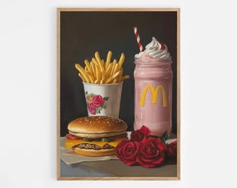 Hamburguesa y papas fritas, bodegón de comida rápida, pintura al óleo, impresión artística, póster de hamburguesa con batido, póster de cocina, arte imprimible n.° 950