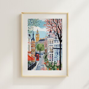 May include: A colorful illustration of a street scene in London, England. The image features Big Ben, a red telephone booth, and blooming trees. The buildings are painted in a variety of colors, including yellow, blue, and red.