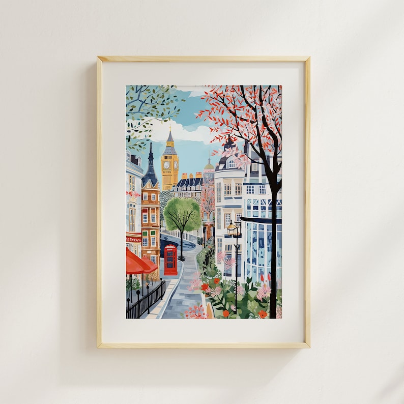 May include: A colorful illustration of a street scene in London, England. The image features Big Ben, a red telephone booth, and blooming trees. The buildings are painted in a variety of colors, including yellow, blue, and red.