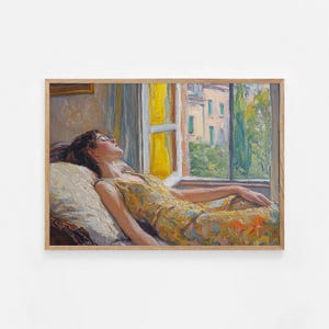 ソファに座る女性、柔らかな油絵、ロマンチックなビンテージアートプリント、美しい油絵ギフト、ソファに座るエレガントな女性、女性らしいウォールアート | #940