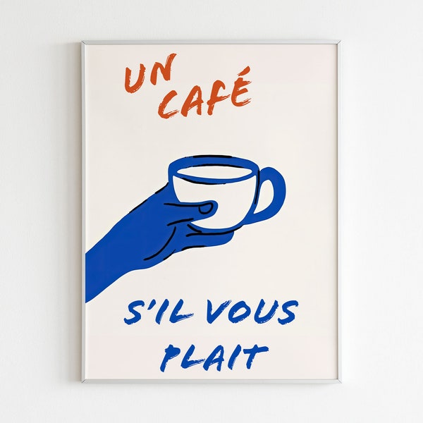 Coffee Wall Art, Un Café, S'il Vous Plaît, Retro Coffee Print, French Printable Art, Typography Art, Home Decor, Cute Kitchen Wall Art