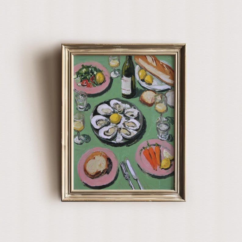 French Bistro Table Art Print, Still Life Food Painting, Oysters and ...