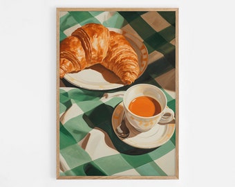 Coffee and Croissant Print, Modern Kitchen Art (Digital Download)