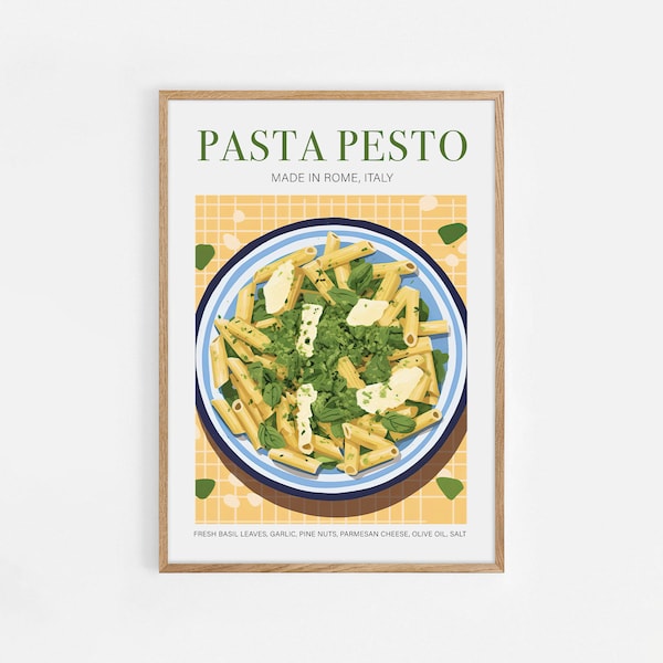 Pasta Pesto Poster, Italien Souvenir, Essen Kunstdruck, Küchenplakat, italienisches Essen Kunst, Küchenkunst Dekor, minimalistische Poster Illustration