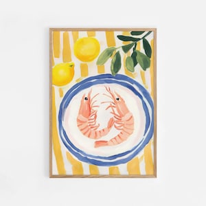 Póster de camarones y limón, impresión artística de mariscos, impresión de mariscos para la pared de la cocina del restaurante, impresión artística de langostinos, descarga digital de cocina moderna / 802