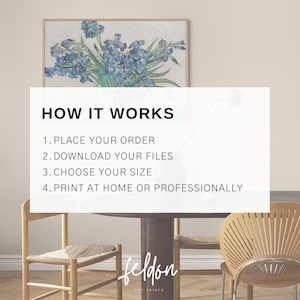May include: How it works: Place your order, download your files, choose your size, and print at home or professionally. The text "feldon art prints" is at the bottom of the image.