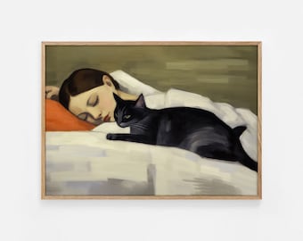 Woman and Cat Painting, Modern Wall Art, Decor Cat Wall Art, Antique Print, Feeding the Cat, DOWNLOAD PRINTABLE Art, Black Cat Painting