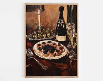 Luxury Food Spread Printable Art, Champagne Glasses & Caviar Poster, Room Decor, Elegant Vintage Funky Champagne Wall Art | #922