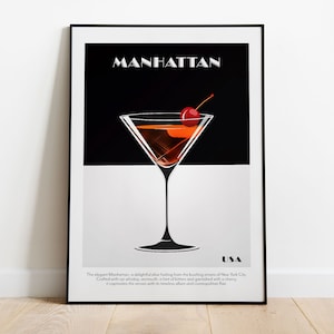 Manhattan Print, Manhattan Poster, French Retro, Kitchen Decor, Cocktail Poster, Mid Century Modern, Illustration, Housewarming, Birthday