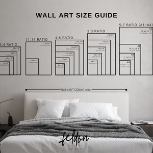 May include: A wall art size guide with different ratios and sizes listed in inches and centimeters. The guide shows the sizes of art prints for a bed that is 90 inches wide. The guide includes the following ratios: 3:4, 11:14, 4:5, 2:3, and 5:7. The guide also includes the standard paper sizes A1, A2, A3, and A4.