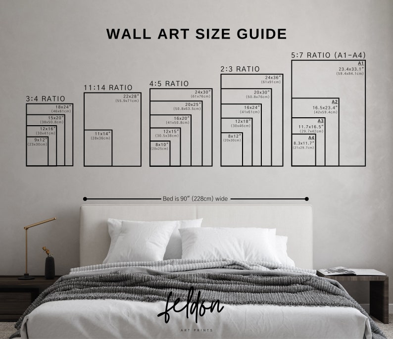 May include: A wall art size guide with different ratios and sizes listed in inches and centimeters. The guide shows the sizes of art prints for a bed that is 90 inches wide. The guide includes the following ratios: 3:4, 11:14, 4:5, 2:3, and 5:7. The guide also includes the standard paper sizes A1, A2, A3, and A4.