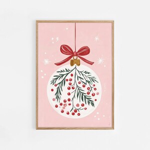 Printable Christmas Bauble Print, Christmas Print, Pink Cozy Festive Decor, Xmas Ornaments Wall Art, Holiday Decor, Christmas Painting | 749
