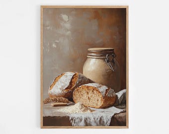 May include: A still life painting of a rustic ceramic jar with a lid, two slices of crusty bread, and a dusting of white flour on a white cloth. The background is a textured, beige wall.