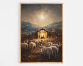 May include: A framed print of a nativity scene. The artwork depicts a barn with figures inside, a bright star in the sky, and a flock of sheep in the foreground. The color palette includes warm browns, blues, and golden hues.