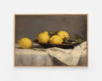 Vintage Lemon Print, Farmhouse Kitchen Print, Lemon Still Life Painting, Printable Lemon Wall Art, French Country Art, Lemon Fruit Painting
